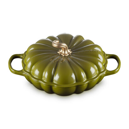 萬聖節系列琺瑯鑄鐵南瓜造型淺底鍋28cm(橄欖綠-金頭-內鍋白) image number 1