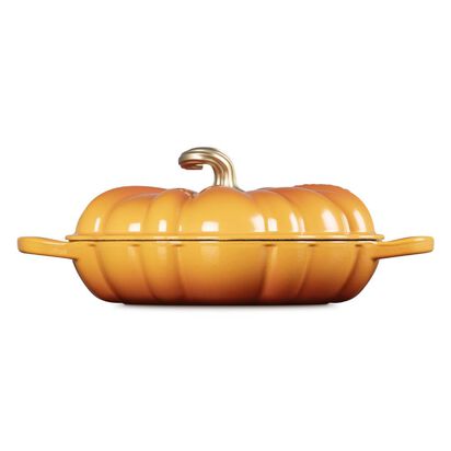 萬聖節系列琺瑯鑄鐵南瓜造型淺底鍋28cm(珊瑚橘-金頭-內鍋白) image number 2