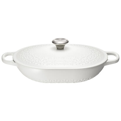 琺瑯鑄鐵橢圓鍋31cm(甜心粉/縷空雕花-鋼頭-內鍋白)