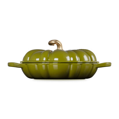 萬聖節系列琺瑯鑄鐵南瓜造型淺底鍋28cm(橄欖綠-金頭-內鍋白) image number 2