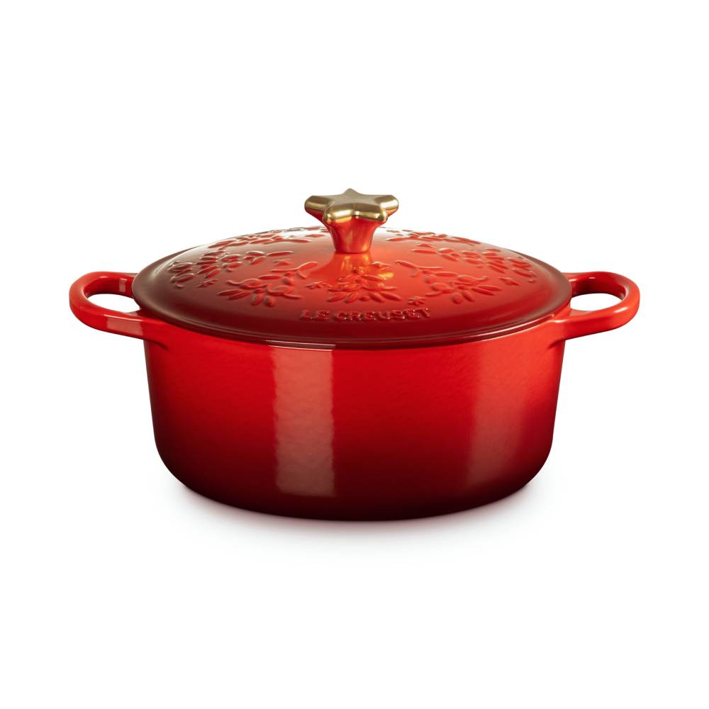 歡樂耶誕琺瑯鑄鐵圓鍋24cm(櫻桃紅-星型金頭-內鍋白)