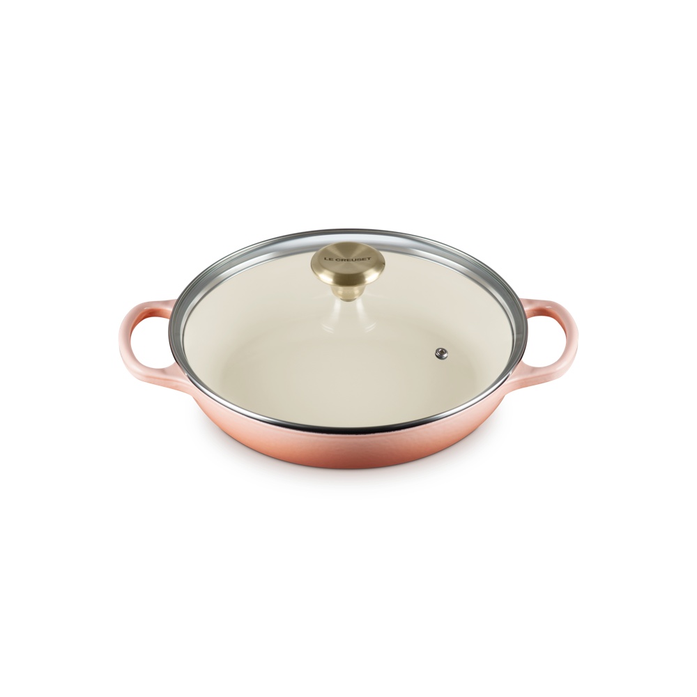 典藏琺瑯鑄鐵淺底鍋 附玻璃蓋 (淡金頭-內鍋白) image number 1