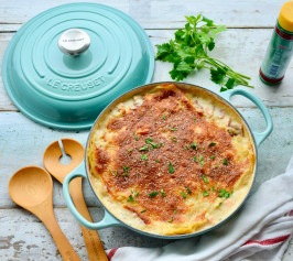 鼠尾草⽩醬鮭⿂千層麵